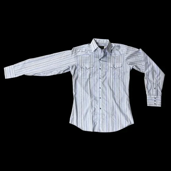 Vintage Panhandle Slim Western Pearl Snap Shirt Blue Striped Long Sleeve USA - Picture 2 of 6